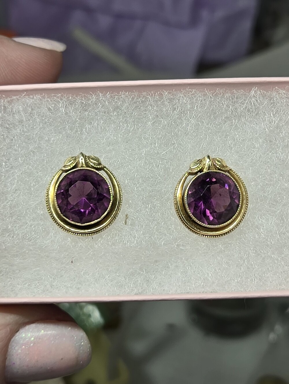 Victorian Rolled Gold Purple Crystal Pierced Earrings - Elegant Women Jewelry